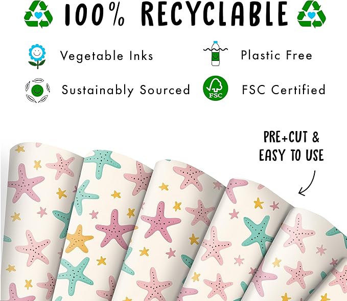 CENTRAL 23 Beige Wrapping Paper - 6 Sheets Of Birthday Gift Wrap For Women - Starfish - Holiday Beach Tropical - Summer Wrapping Paper - Comes With Stickers
