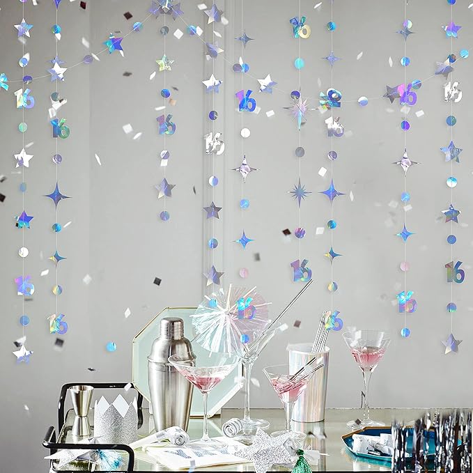 Iridescent Number 16 Circle Dot Twinkle Star Garland Kit Metallic Hanging Streamer Bunting Banner Backdrop Decorations for Girls 16th Birthday Sweet Sixteen Wedding Anniversary Bridal Shower Party
