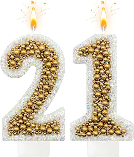 21 Birthday Number Candle for Cake, Glitter Number Candle with Gold Beads, Decorative Cake Topper for Milestone Celebrations