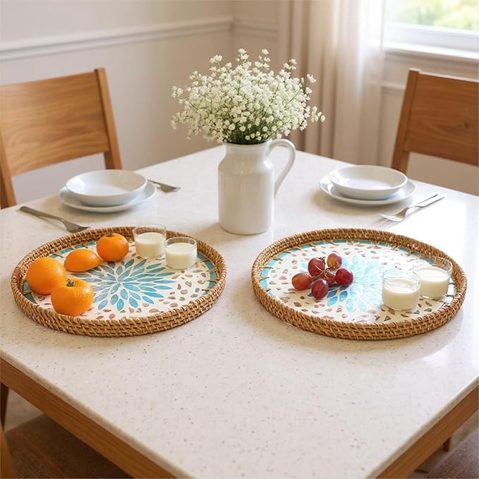 Round Rattan Tray with Mother of Pearl Inlay, Handwoven Wicker Coffee Table Serving Basket Tray for Fruit Snack Party Picnic Cafe Bedroom Kitchen Home Decor Set of 2 (Blue Star)