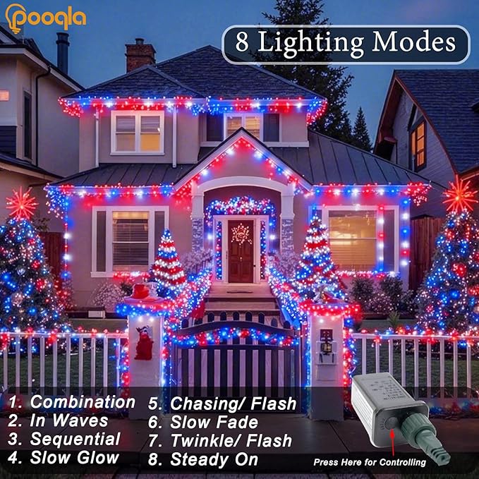 Pooqla 500 LED 164 FT Red White and Blue Lights, 4th of July Patriotic Decoration Twinkle Lights, 8 Modes Plug in 4th of July String Lights for Indoor Outdoor Independence Day Decorations, Clear Wire