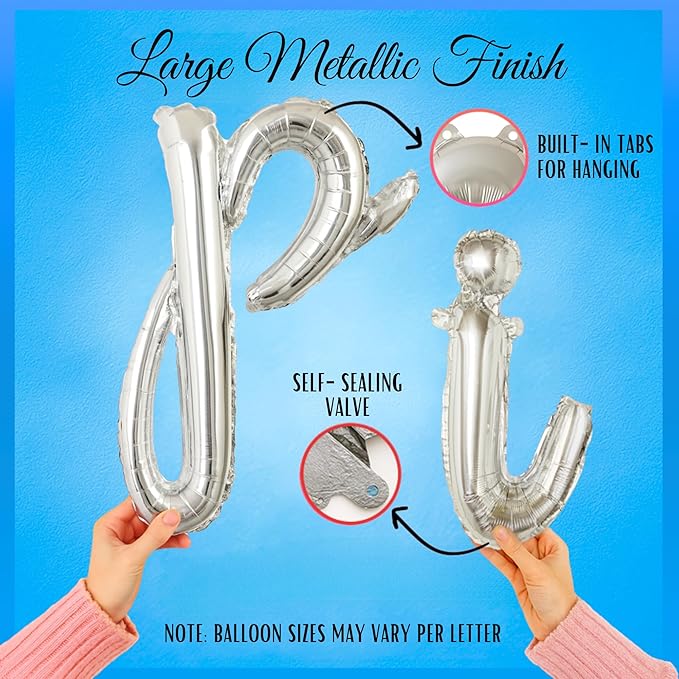 Silver Happy Birthday Balloons Banner | Script/Cursive Gold Letter Balloon Sign For Birthday Party Decor/Decoration | Foil Mylar Happy Birthday Banner