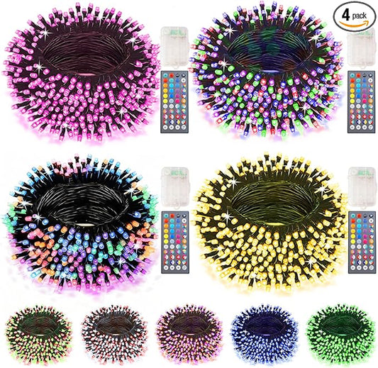 Pooqla 4-Pack Color-Changing String Lights, 66.6ft 200 LED with Remote, 34-Color Twinkle Lighting for Indoor Outdoor 4th of July Patriotic Decor