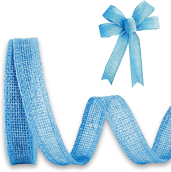 Blue Burlap Ribbon 1/2 inch X 10 Yard Natural Linen Woven Wired Ribbons DIY Handmade Edging Production Wreath Holiday Decoration Gift Ribbon for Gift Wrapping Blue Ribbons