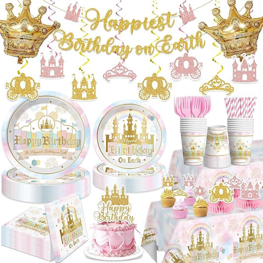 190Pcs Princess Castle Birthday Party Decorations Tableware, 25 Serves Disposable Tableware Set, with Banner, Plates, Tablecloth for Happy Birthday on Earth Paper Themed Party Decorations