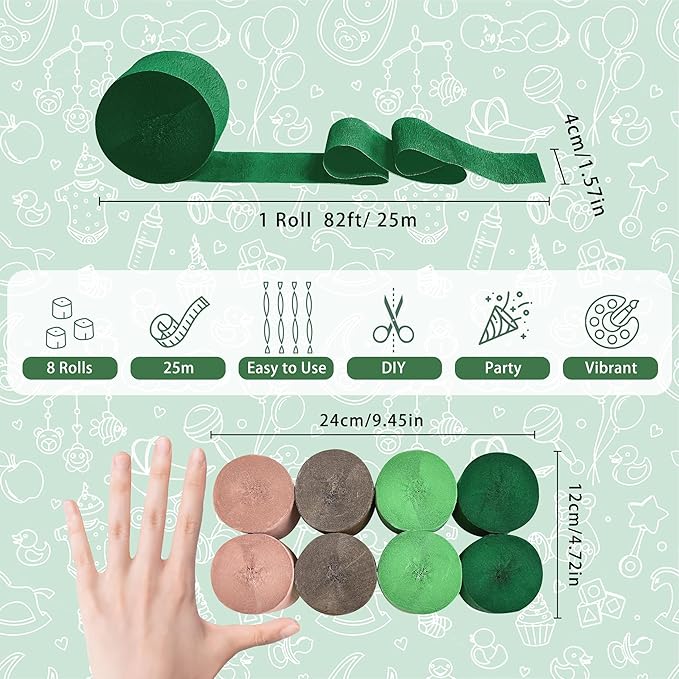 8 Rolls Crepe Paper Streamers, Rose Gold and Green Streamers Party Decorations for Birthday Baby Shower Wedding Bachelorette Party Bridal Shower Engagement Woodland Safari Spring