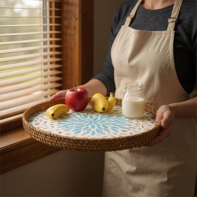 Round Rattan Tray with Mother of Pearl Inlay, Handwoven Wicker Coffee Table Serving Basket Tray for Fruit Snack Party Picnic Cafe Bedroom Kitchen Home Decor Set of 2 (Blue Star)