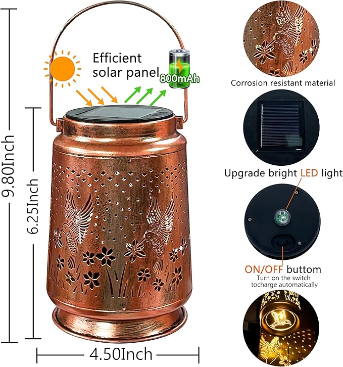 KY&BOSAM Solar Lanterns Outdoor Waterproof Hummingbird Lantern Garden Decor Birthday Gifts for Women Mom Solar Lanterns for Outside Hanging LED Metal Openwork Lights for Yard Backyard Porch Pathway