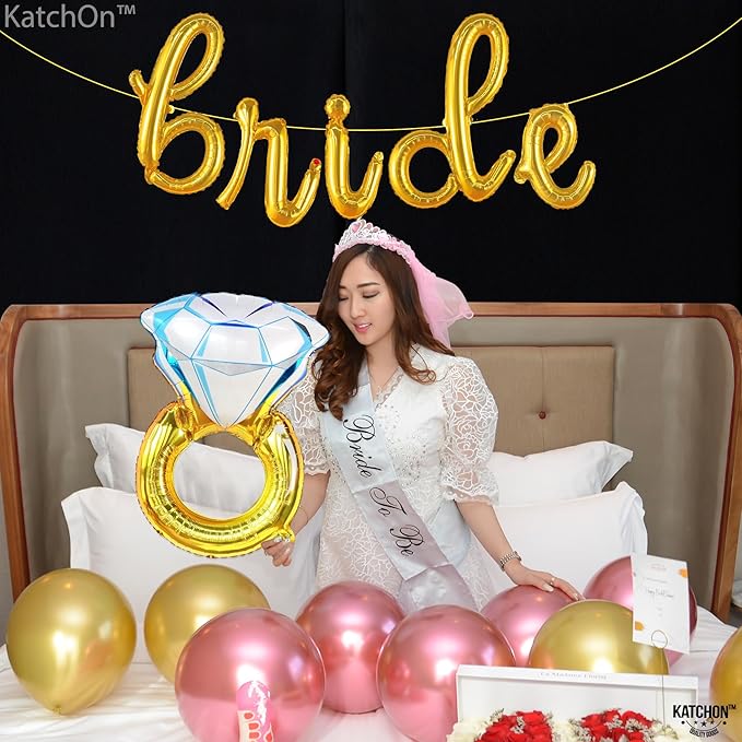 KatchOn, Gold Bride Balloons Set - 29 Inch Ring, 16 Inch Script Bride, Bachelorette Party Decorations, Bridal Shower, Engagement, 3 Pieces