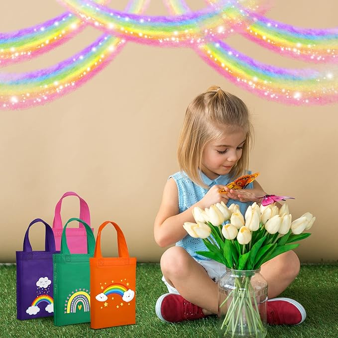 Ferraycle 24 Pcs Rainbow Party Reusable Non Woven Gift Bags Rainbow Goody Treat Bags Mini Tote Bag with Handles Birthday Supplies for Kids Party Favors, 9.8 x 7.8 Inch