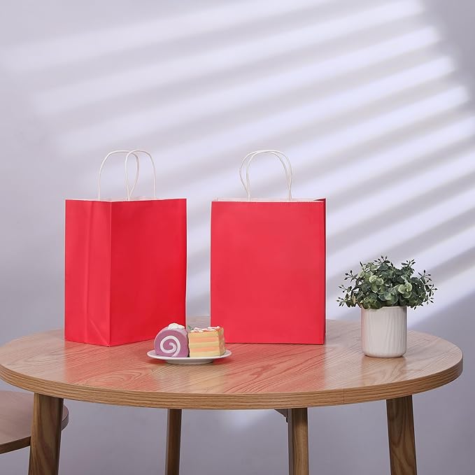 SUNCOLOR 25 Pack Red Gift Bags with Handles – 8x4.5x10 Medium Bags for Shopping, Retail, DIY, Wedding, Party Favors & Valentine's Day