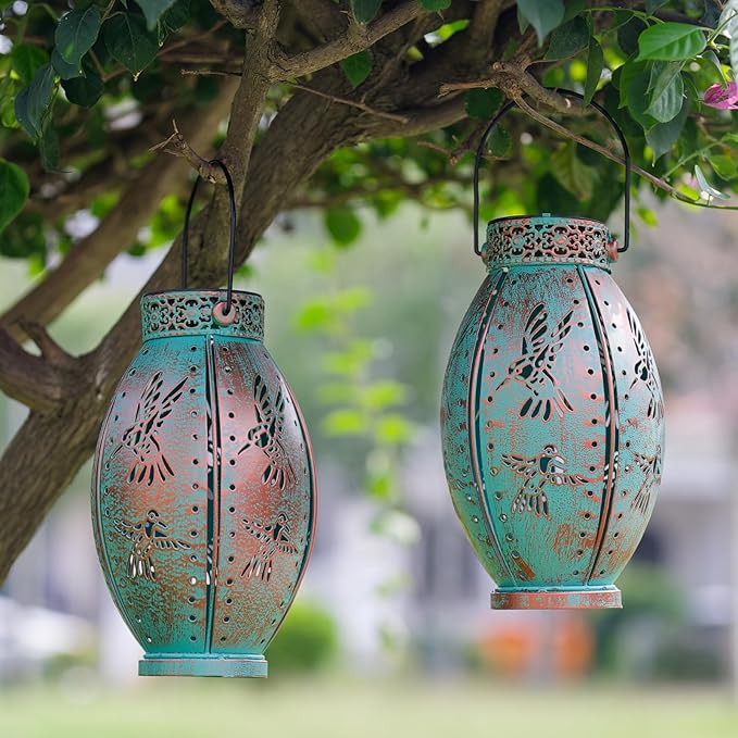 2 Pack Solar Lanterns Outdoor Waterproof Decorative Hummingbird Solar Lantern Lights Hanging for Outside Patio Tableto Garden Yard Lawn Decor, Gifts for Mom Grandma Woman