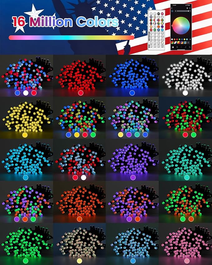 600LED Smart 4th of July String Lights | 206FT App Controlled Red White and Blue American Flag Lights, Waterproof Patriotic RGB Color Changing String Lights with Remote & Timer Outdoor for Memory Day