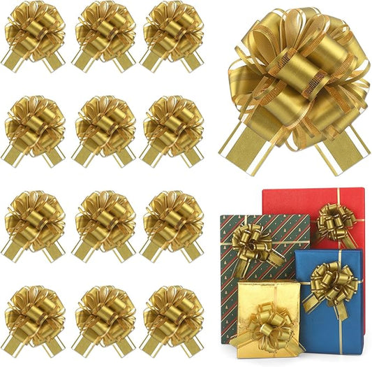 12 Pcs Gold Gift Bow Pull Bows for Gift Warpping Christmas Warp Ribbon Bow Party Birthday Wedding Solid Bows for Bikes Anniversary Boxes Flower Decorations Valentine's Day (Gold-E)