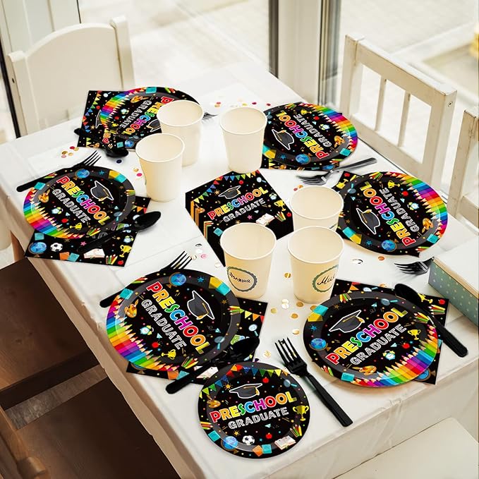 Preschool Graduation Party Supplies Pre-K Grad Tableware Set Kindergarten Graduation Plate Napkin Kindergarten Disposable Paper Dinnerware Kit for Graduate Party decoration Favor 24 Guest (Black)