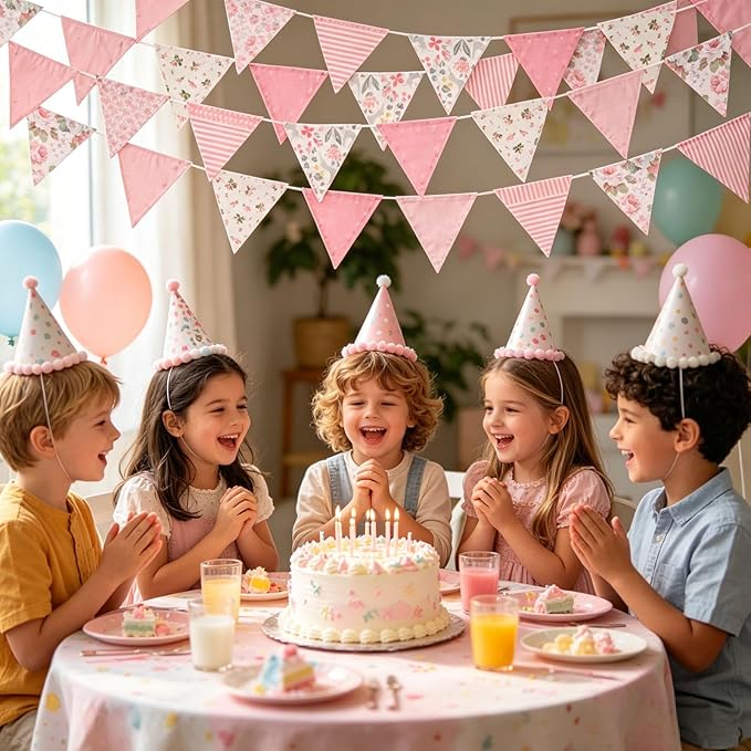 Zwiebeco 32Ft Pink Fabric Floral Pennant Banner Bunting Cotton Pinkish Flowers Triangle Flags Party Decorations for Birthday Wedding Engagement Bridal Baby Shower Rustic Village Home Garden Decor