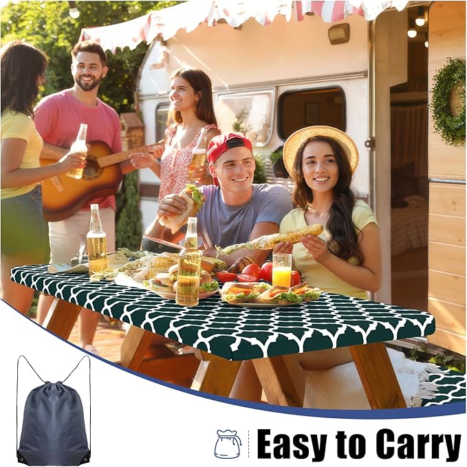 Smiry Picnic Table Cover with Bench Covers, Waterproof Elastic Fitted Tablecloth for 8 Foot Tables, Washable Polyester Tablecloths for Camping, Indoor & Outdoor (Hunter Green, 30x96 Inch 3-pc Set)