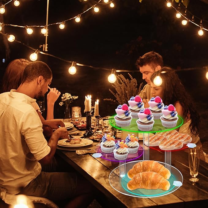 Cake Stand with Rechargable Light, 4 Tier LED Acrylic Cupcake Stand, Round Cake and Cupcake Stand Combo, Clear Tiered Cake Tower Stands for 50 Cupcakes, Display Stand for Wedding Birthday Party