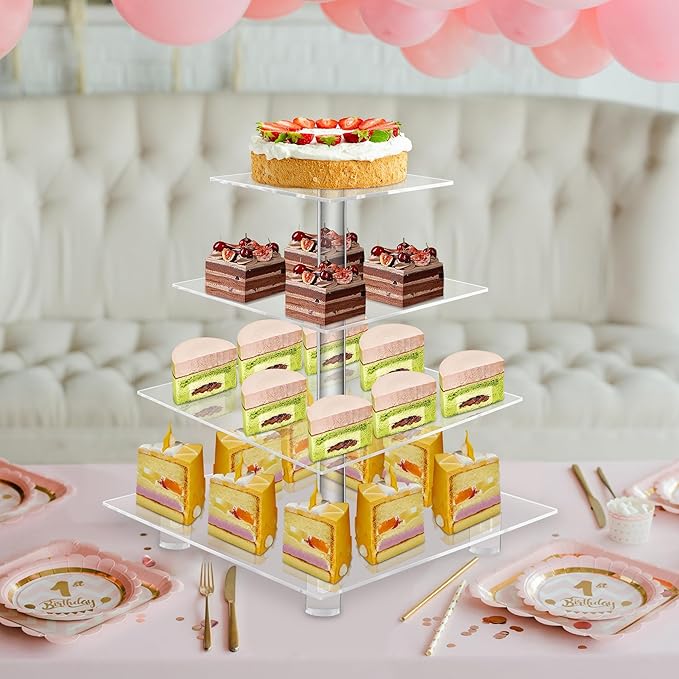 weddingwish Acrylic Cupcake Stand, 4 Tier Square Cupcake Display Stand with Base, Clear Cupcake Tower for Dessert Table,Wedding, Party, Baby Shower
