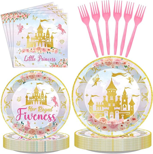 Her Royal Fiveness Decorations - 96 Pcs Pink Princess Castle Disposable Paper Dessert Plates Napkins Forks Tableware Set 5th Birthday Party Supplies for 5 Years Old Girls Serves 24 Guests