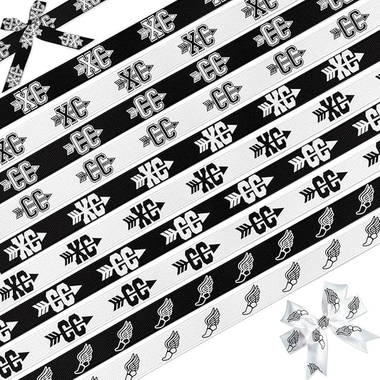 Cross Country Ribbon 10 Pack 30 Yards, 3/8" XC CC Track Field Running Ribbons, Black White Grosgrain for Hair Bow Crafting Gift Wrapping, Sports Medal Display Team Decorations