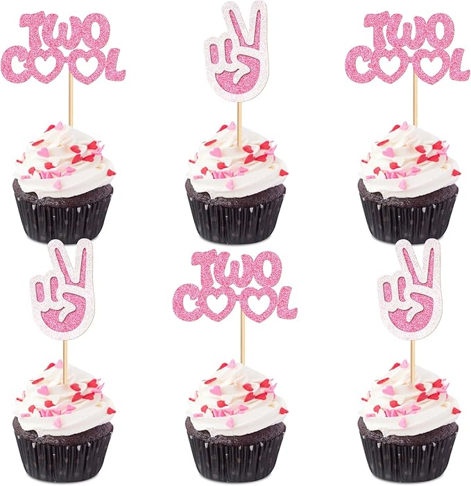 Ercadio 24 Pack Two Cool Cupcake Toppers Glitter Pink Two Cool Happy 2nd Birthday Cake Picks Baby Shower Kids Second Birthday Party Cake Decorations