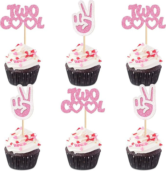 Ercadio 24 Pack Two Cool Cupcake Toppers Glitter Pink Two Cool Happy 2nd Birthday Cake Picks Baby Shower Kids Second Birthday Party Cake Decorations