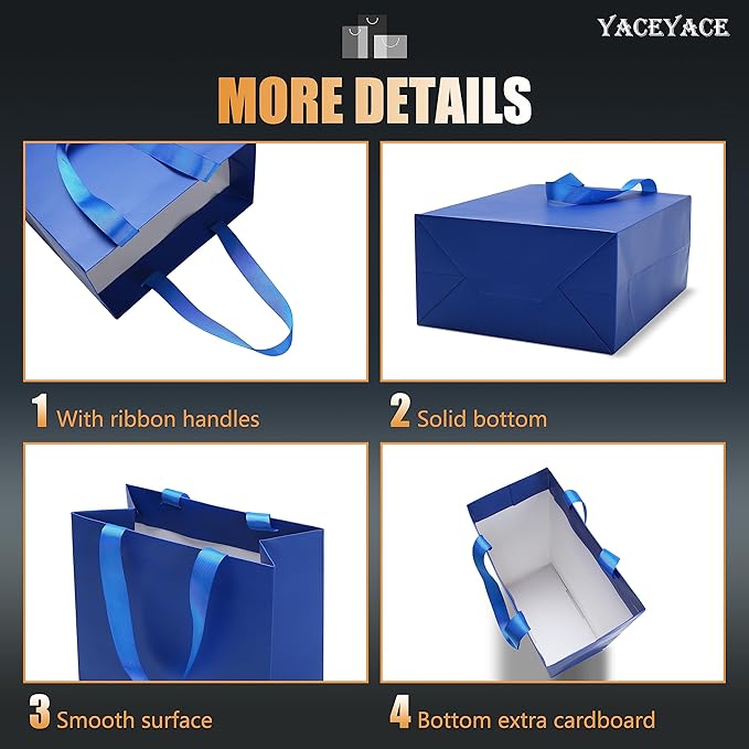 Blue Gift Bags, 10Pcs, 8x4.25x10.5 Inch, Medium Blue Paper Gift Bags with Ribbon Handles, Multi-purpose, Wedding, Birthday, Party, etc.