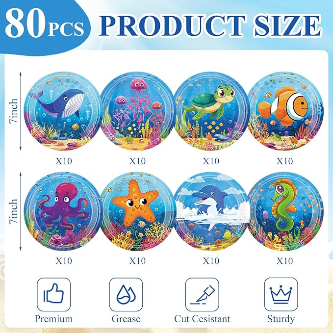 80 Pcs Under The Sea Party Decorations Ocean Birthday Paper Plates 7'' Underwater Creature Disposable Dessert Plate Dinnerware for Sea Life Animal Picnic Wedding Bridal Shower Tea Party Favor