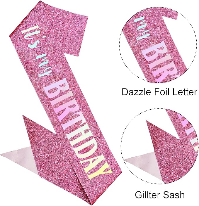 It's My Birthday Sash, Dazzle Foil Letter Glitter Pink Birthday Sash for Women Girl Kids Teenager Funny Bday Gifts Party Favors Photo Prop