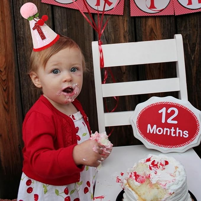 Cherry 1st Birthday Hat - Sweet One Party Decorations, Pink Glitter First Crown for Girls, Fruit Themed Cake Smash, Pink Felt Party Crown