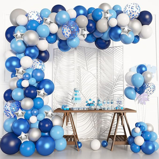 Amandir Navy Blue Balloons Arch Garland Kit, 144Pcs Royal Light Blue Confetti Silver Star Foil Balloons for Blue Birthday Baby Shower Wedding Graduation Party Decorations Supplies