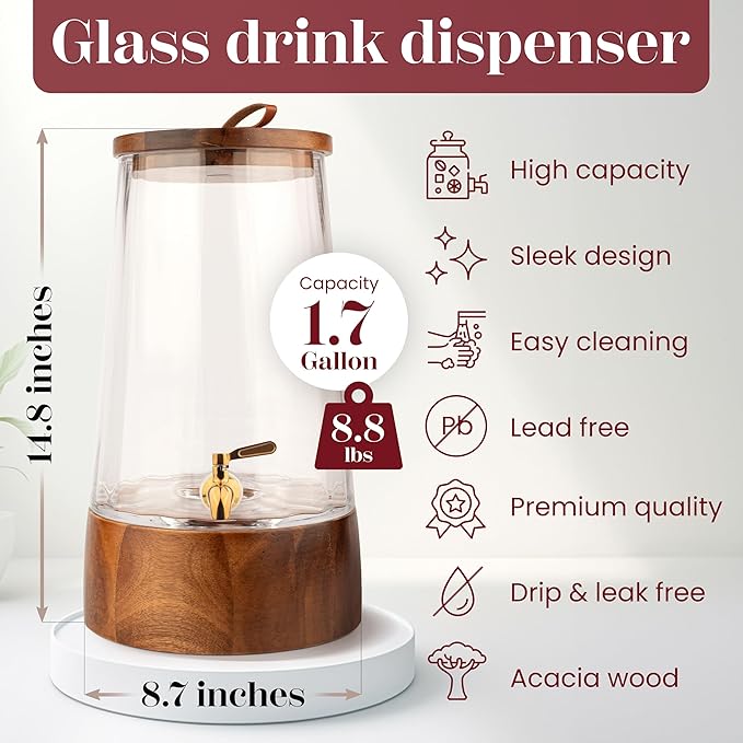 FOODLE Large Glass Drink Dispenser with Spigot - Glass Beverage Dispenser with Stand - Perfect for Parties & Weddings - Pitcher for Lemonade, Water, Sangria, Punch & Juice - Leakproof - 1.72 Gallon