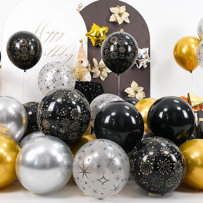 Black and Gold Balloons, Black Silver Gold Balloons, Silver Star Fireworks Printed Balloon With Star Foil Balloon For New Year Retirement Graduation Birthday Baby Shower Party Wedding Celebration