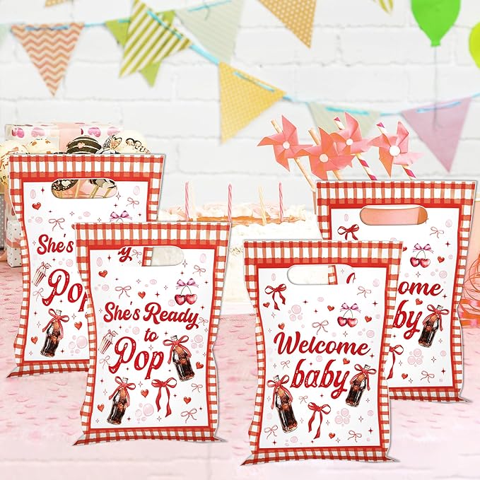 MOIZYNG She's Ready to Pop Baby Shower Decorations, 50Pcs Soda Pop Drink Themed Plastic Candy Treat Goodie Gift Bags with Handles for Girls Baby Shower Party Supplies