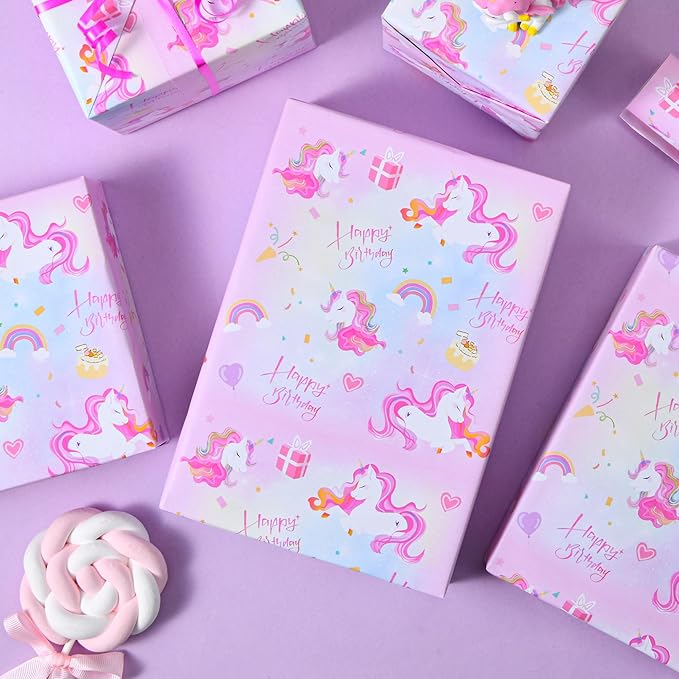 Titiweet Unicorn Wrapping Paper Roll - Mini Roll 17 Inches X 33 Feet - Birthday Wrapping Paper for Girls, Rainbow Wrapping Paper for Birthday Party(Unicorn)