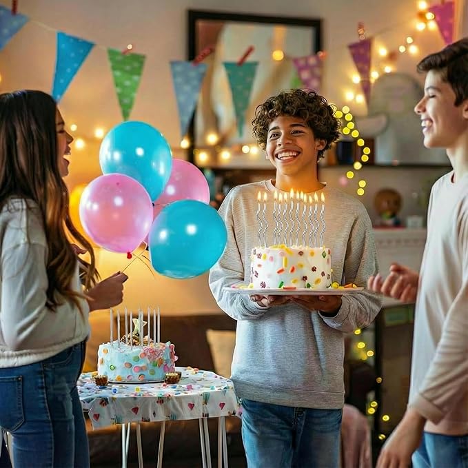 12-Count Spiral Birthday Candles, Long Twisty Party Silver Candles with Candle Holders, Long Burning for Weddings, Birthdays, Party Decorations, Cupcakes, Anniversary and Meetups (Silver)