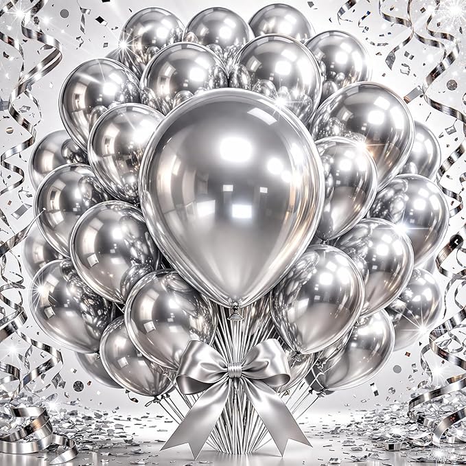 Chrome Silver Metallic Latex Balloons, 100 Pack 12 Inch Round Helium Silver Balloons for New Years Wedding Anniversary Disco Party Decorations