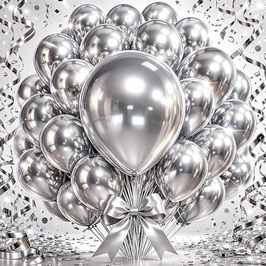 Chrome Silver Metallic Latex Balloons, 100 Pack 12 Inch Round Helium Silver Balloons for New Years Wedding Anniversary Disco Party Decorations