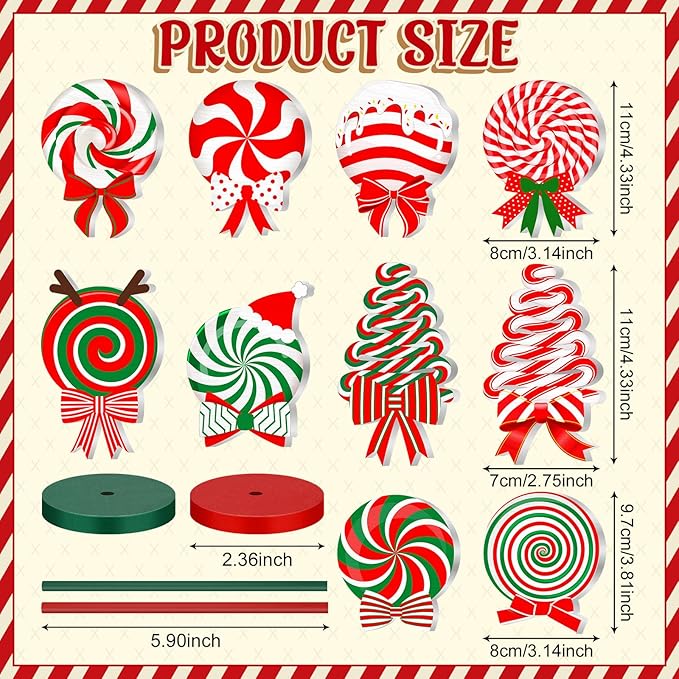 Geelin 10 Pcs Candy Cane Shape Christmas Decorations Wooden Candys Table Centerpiece Sign Decor Xmas Red and Green Tiered Tray for Home Desk Office Party Supplies Decor (Christmas Candy)