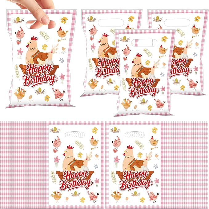 MOIZYNG 50Pcs Chicken Birthday Gift Bags with Handles, Pink Barnyard Little Chick Happy Birthday Plastic Snack Treat Goodie Bags for Farm Animal Chicken Party Decorations
