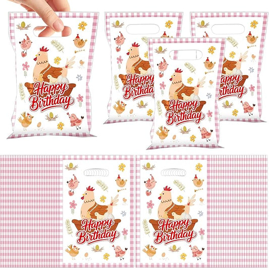 MOIZYNG 50Pcs Chicken Birthday Gift Bags with Handles, Pink Barnyard Little Chick Happy Birthday Plastic Snack Treat Goodie Bags for Farm Animal Chicken Party Decorations