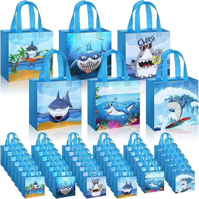 Sweetude 40 Pcs Shark Gift Party Favor Bags with Handle, Non Woven Goodie Bags Birthday Favor for Birthday Baby Shower Packaging Supplies