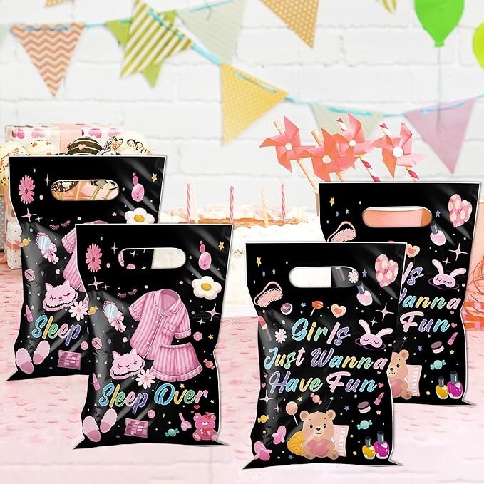 MOIZYNG 50Pcs Sleepover Party Favor Bags with Handles, Cute Pajama Sleep Over Plastic Candy Treat Goodie Gift Bags for Girls Just Wanna Have Fun Slumber Party Supplies