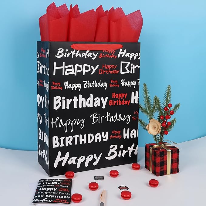 wishinside 16.5” Extra Large Black Happy Birthday Gift Bag Set with Handles, Greeting Card, Tissue Papers and Stickers for Women Men Girls Boys Kids Teens, White Red Words Design, 1 Pcs