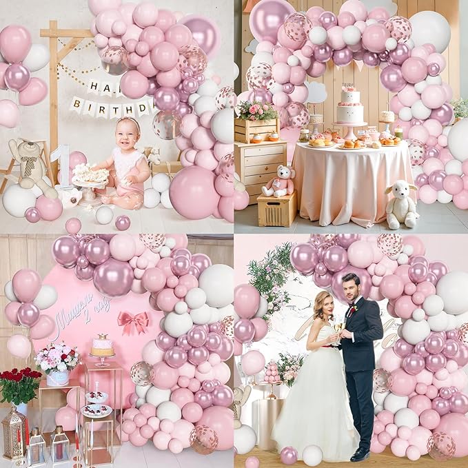 Amandir 153pcs Pink White Balloons Arch Garland Kit Different Sizes 18 12 10 5inch Pastel Light Latex Metallic Confetti Pink Balloons Mothers Day Shower Wedding Bow Coquette Birthday Party Decorations