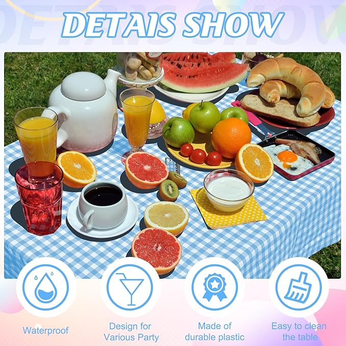 12Pack Light Blue and White Plastic Checkered Tablecloth, Premium Decorative Disposable Light Blue Gingham Plaid Tablecloth for Party, Rectangle Party Table Cover for Picnic Farm Birthday, 54x108 Inch