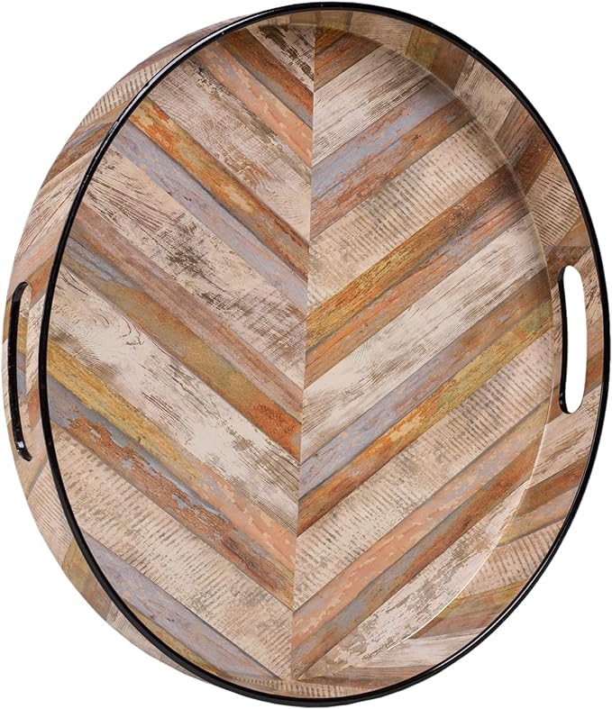 MAONAME 13" Round Decorative Tray, Plastic Tray with Handles, Coffee Table Trays, Serving Trays for Ottoman, Bathroom, Kitchen (Multicolored Wooden Sticker)