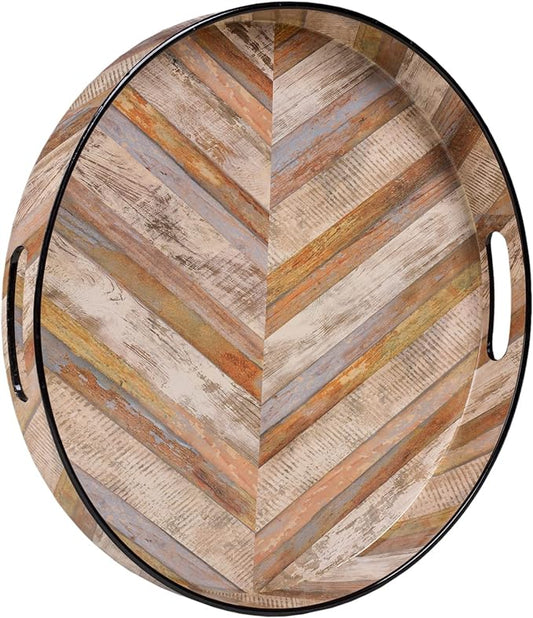 MAONAME 13" Round Decorative Tray, Plastic Tray with Handles, Coffee Table Trays, Serving Trays for Ottoman, Bathroom, Kitchen (Multicolored Wooden Sticker)