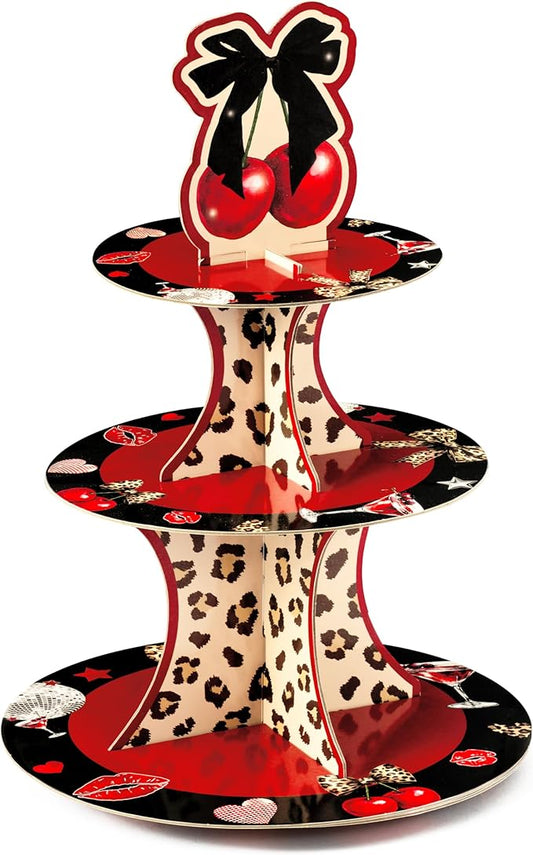 Haooryx Cheetah Cherry Cupcake Stand - 3 Tier Red Cherry Bow Leopard Print Cupcake Tower Cardboard Dessert Holder Pastry Platter for Baby Shower Girls Birthday Wedding Holiday Party Table Decoration